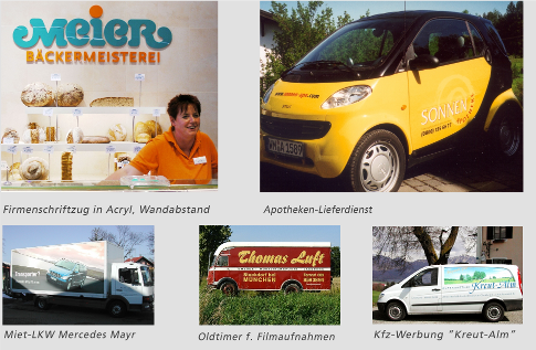 Firmenschriftzug in Acryl mit Wandabstand, Apotheken-Liegerdienst, Miet-LKW Mercedes Mayr, Oldtimer für Filmaufnahmen, Kfz-Werbung für Kreut-Alm